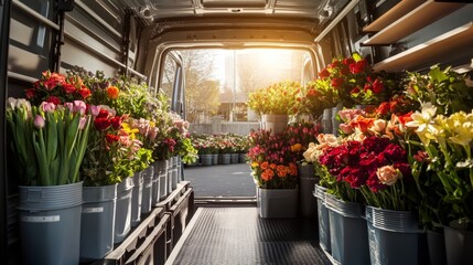 Flower Delivery Van Interior with Vibrant Floral Arrangements in Natural Sunlight