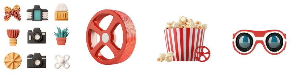 Obraz premium Colorful movie themed icons including popcorn, film reel, and cameras, isolated on transparent background.