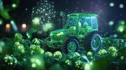 Obraz premium Futuristic digital tractor in neon green field with tech elements