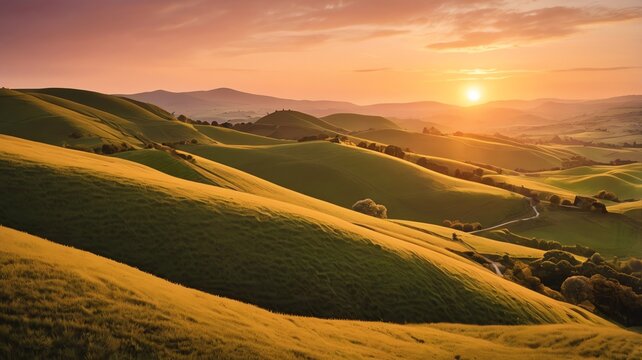 A scenic sunset view shows rolling green hills with the warm sun low on the horizon