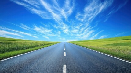 Fototapeta premium A serene road stretches into the horizon under a bright blue sky with wispy clouds.