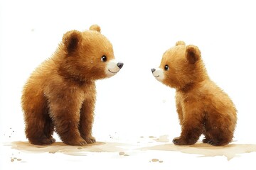 Two cute bear cubs facing each other, showcasing innocence and friendship.