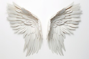 A serene pair of angel wings with a subtle iridescent sheen, appearing almost luminescent. The wings are beautifully symmetrical, embodying purity and peace