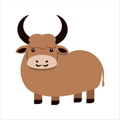 Flat Vector Yak Illustration with Curved Horns and Brown Body, Simplified Modern Design
