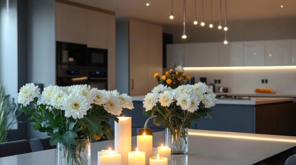 Contemporary kitchen design with white chrysanthemums and scented candles as a stylish focal point on the central table