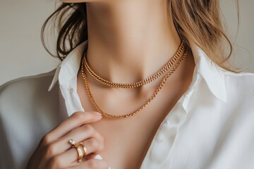 woman, beauty, neck, neckless, gold, jewelry, hair, fashion, face, model, person, glamour, people, brunette, long, one,, lips, sensuality, smile, elegance, studio, skin, smiling, make-up, head, closeu