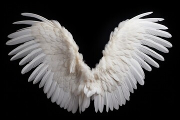 Majestic white angel wing, fully extended to display the graceful shape and delicate feathers. The wing is portrayed with a soft, radiant glow, highlighting the natural beauty 