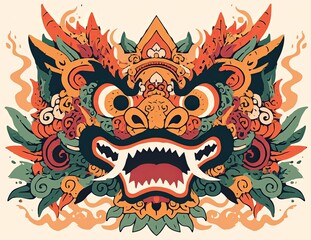Balinese Barong mask with intricate details and vibrant colors.
