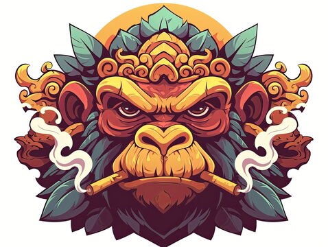Angry monkey smoking, intricate details, vibrant colors.