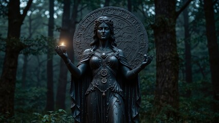 Statue of Hecate, the goddess of the moon and witchcraft, holding the moon and magical runes in both hands, with a backdrop of a dark forest and magical circles, with carvings depicting her mysterious