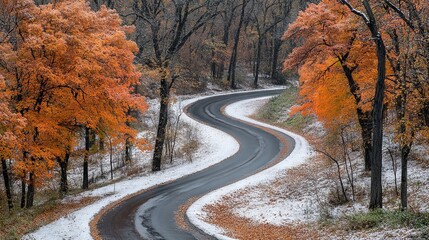 Winding Road Through a Forest with Orange Trees and Snow. AI generated illustration
