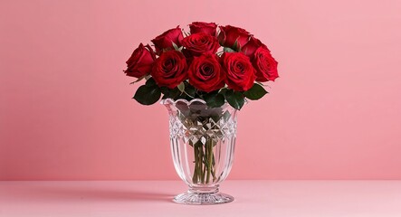A crystalclear vase filled with blooming red roses placed on a plain soft pink background