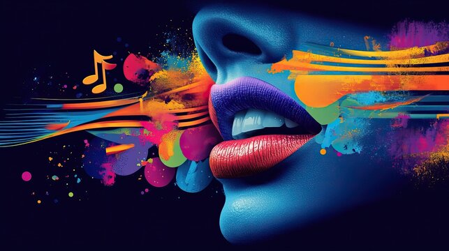 This artistic representation combines lips, musical notes, dancers, and fashion accessories in a vibrant showcase of cultural expression