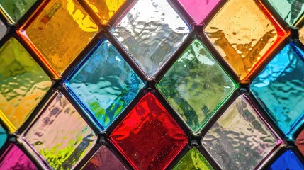 Colorful stained glass window background, close up of colorful stained glass window