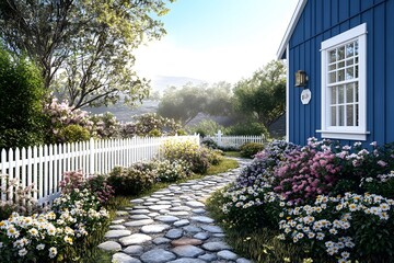 Obraz premium Charming garden path leading to a blue house, surrounded by vibrant flowers and greenery.
