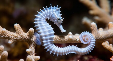 A delicate seahorse curled around a strand of coral