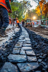 Naklejka premium Construction workers are installing a stone pathway in an urban park surrounded by trees. The warm light of sunset illuminates the scene, enhancing the atmosphere of the ongoing project