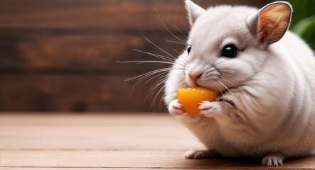 Obraz premium A fluffy chinchilla holding a small piece of fruit with tiny paws