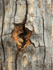 Aged Tree Bark Texture: Close-up of weathered tree bark revealing intricate cracks, crevices, and a decayed section, showcasing the beauty of nature's aging process.