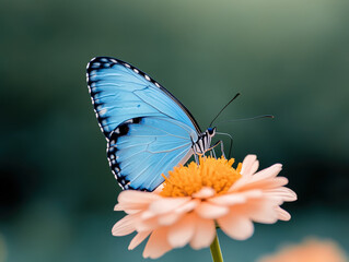 Fototapeta premium Delicate Blue Butterfly Perched Closely on a Soft Flower Petal, Capturing Nature's Beauty in a Serene Outdoor Setting