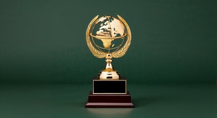 A gold trophy with a globe on top awarded for international excellence in diplomacy on a plain dark green background