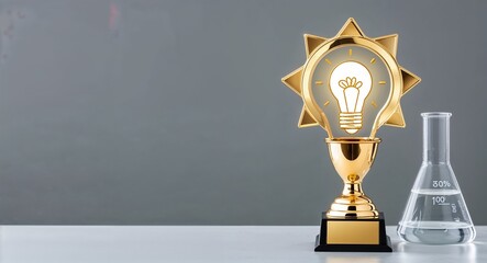 A gold trophy with a lightbulb design recognizing innovation in a science fair competition on a plain gray laboratory background