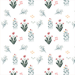 Seamless pattern with different flowers in cute vintage style, Floral vector texture with flowering twigs spring - summer season. for textile, wrapping paper, wallpaper, curtains