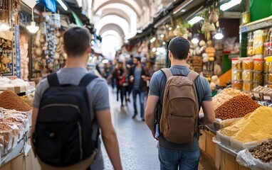Two tourists with backpacks exploring a bustling market.