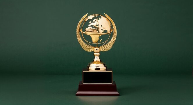 A gold trophy with a globe on top awarded for international excellence in diplomacy on a plain dark green background