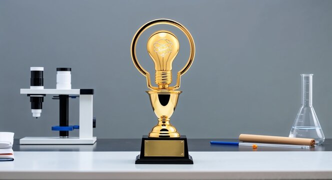 A gold trophy with a lightbulb design recognizing innovation in a science fair competition on a plain gray laboratory background
