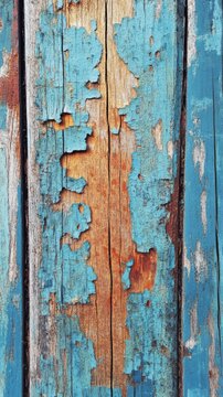 Weathered Wooden Texture: A close-up shot reveals the beauty of time and decay on a rustic wooden plank.  Layers of peeling turquoise paint expose the rich, warm tones of the wood beneath.