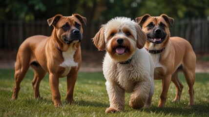 Obraz premium Three dogs, two fawn Staffies and a fluffy Cockapoo, standing in a grassy park.