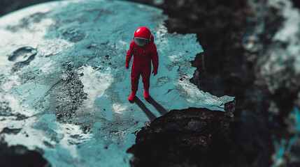 Astronaut exploring a barren extraterrestrial landscape with dramatic terrain details
