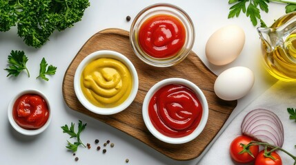A variety of mayonnaise, mustard, and ketchup in small bowls is presented alongside fresh vegetables, oil, and salt on a wooden board