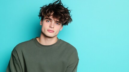 Thoughtful Young Man with Tousled Hair on Pastel Blue Background