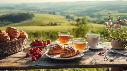 A serene breakfast scene with croissants, tea, and fresh raspberries amidst a scenic landscape.