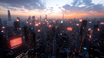 Futuristic city skyline at sunset with glowing screens.