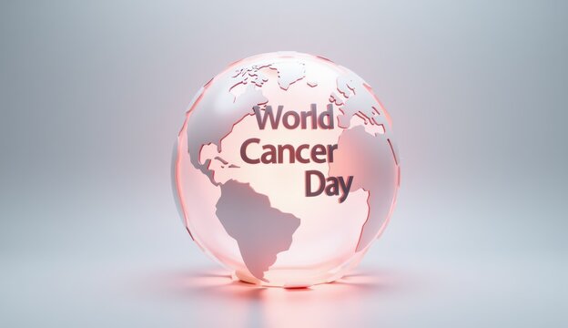 World Cancer Day logo displayed on a 3D globe with a soft glow effect, promoting global awareness and action against cancer