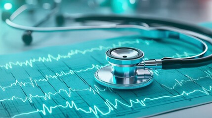 Close-Up of a Stethoscope on a Turquoise Medical Chart with a Heartbeat Pattern, Symbolizing Health Monitoring and Clinical Analysis in Healthcare Settings
