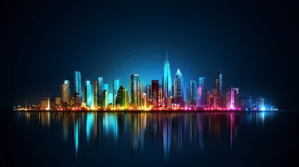 Obraz premium Stunning City Skyline at Night with Bright Lights and Reflections on Water, Capturing Urban Beauty and Vibrant Colors in a Serene Atmosphere
