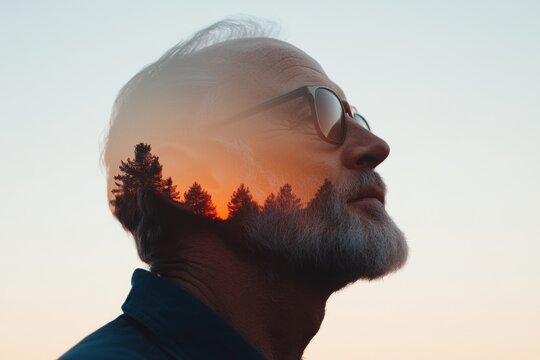 Senior man combining with nature at sunset: exploring the harmony between humanity and environment
