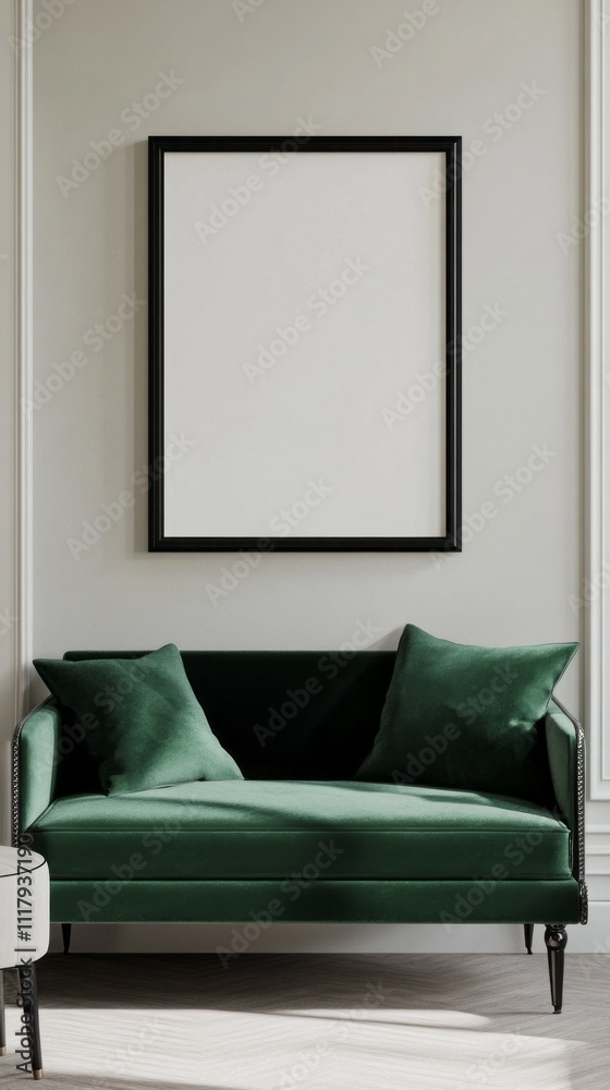 Aufkleber a green sofa, adorned with plush cushions, rests against a soft, light-hued wall, complemented by a 