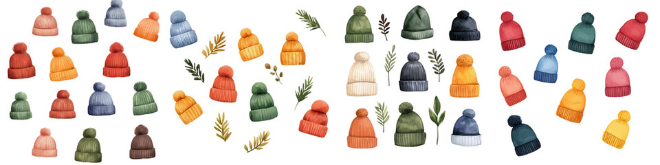 Colorful hats and beanies in various styles with leaves for cozy vibe, isolated on transparent background.
