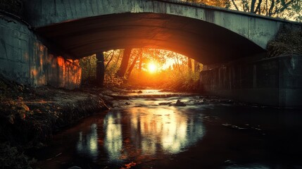 Naklejka premium A serene sunset view under a bridge, reflecting on a calm stream surrounded by trees.
