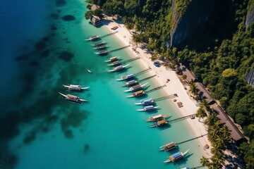 Fototapeta premium Aerial view of tropical beach with boats. (1)