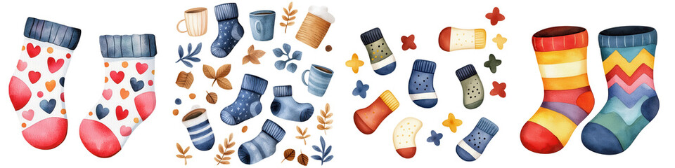 Cozy socks and slippers with various patterns for warmth and comfort, isolated on transparent background.