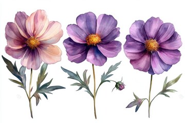 Three watercolor flowers with varying shades and details, showcasing botanical art.