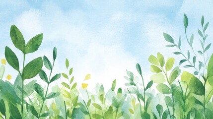 Vibrant Watercolor Leaves Against a Bright Blue Sky Background