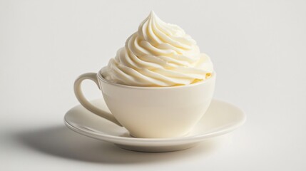 A single serving of Bavarian cream in a delicate porcelain cup, isolated on a light gray background with soft shadows