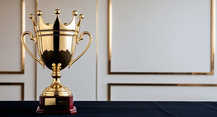 A polished gold trophy with a crown design awarded for leadership excellence at a corporate gala on a plain luxury hotel background